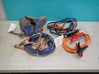 Qty Of (3) Sets Of Booster Cables c/w Irwin Record No 5 Vise **LOCATED IN EDMONTON**