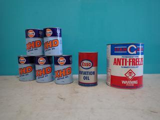 Qty Of (5) Cans Of Unused Vintage Gulf XHD Motor Oil, ESSO Aviation Oil And 1-Gal Of Anti-Freeze **LOCATED IN EDMONTON**