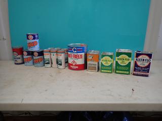Qty Of Unused Vintage Gulf XHD, ESSO Aviation Oil, Castrol 50:1 Mix Outboard Motor Oil, Kleen-Flo Diesel Fuel Conditioner, Kleen-Flo Motor Conditioner And Gas Line Antifreeze And Rad-Kleen Rad Flush **LOCATED IN EDMONTON** 