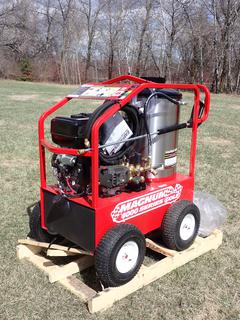Unused Magnum 4000 Series Gold 4000PSI Hot Water Pressure Washer c/w 15hp Gas Motor, 12V, Diesel Fired Burner And Electronic Ignition. SN 260852 **LOCATED IN EDMONTON**