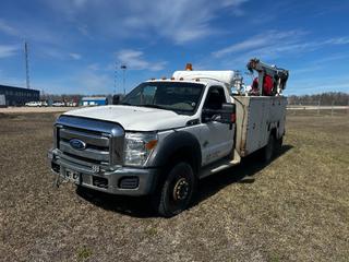 2011 Ford F-550 XLT Reg Cab 4X4 Mechanics Truck C/w 6.7L Diesel V8, A/T, Auto Crane 2303 PRX, Hose Reel, Vmac Compressor, Air Tank And 225/70R19.5 Showing 132,660 Kms, 5068 Eng Hrs. VIN 1FDUF5HT7CEA30563  **LOCATED IN COLD LAKE, AB**