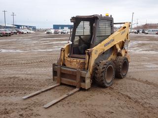 2008 Komatsu SK 820-5W 2-Spd Skid Steer c/w Yanmar 1.995L Diesel, 4ft Forks And ISO/H-Drive w/ Hand Bucket Controls. Showing 07723hrs. PIN KMTSK008J36A40124 **LOCATED @ 210 MACDONALD CRESCENT, FORT MCMURRAY, AB**