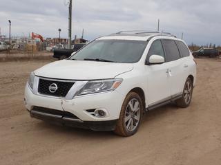 2014 Nissan Pathfinder Platinum 4WD SUV c/w 3.5L V6, A/T, Backup Camera, Power Sunroof And  235/55R20 Tires. Showing 178,034kms. VIN 5N1AR2MMXEC633478 *Note: Minor Rust, Passenger Tail Light Cracked, Engine Light On* **LOCATED AT LOT 2 AB-69, FORT MCMURRAY, AB**