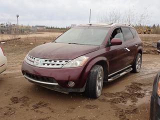 2007 Nissan Murano SE AWD SUV c/w 3.5L V6, A/T, Power Sunroof And 255/55R18 Tires. VIN JN8AZ08W27W663620 *Note: Ignition Damaged, No Key, Minor Rust, Dent In Rear Quarter Panel, Running Condition Unknown, Buyer Responsible For Removal* **LOCATED AT LOT 2 AB-69, FORT MCMURRAY, AB**