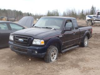 2006 Ford Ranger Extended Cab 4X2 Pickup c/w 3.0L, 6-Cyl, 5-Speed Manual And 215/70R15 Tires. VIN 1FTYR44U06PA77433 *Note: Driver And Passenger Outside Door Handles Missing, Windshield Cracked, Drivers Side Door Panel Missing And Radio Missing. No Keys, Running Condition Unknown, Buyer Responsible For Removal* **LOCATED AT LOT 2 AB-69, FORT MCMURRAY, AB**