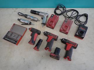 (2) Snap-On 1/4in 14.4V Impact Wrenches c/w Snap-On 1/4in 7.2V Screwdriver, Batteries, Chargers, Valve Guide Installing Tool And Pneumatic Hammer, Die Grinder And 3/8in Ratchet **LOCATED IN EDMONTON**