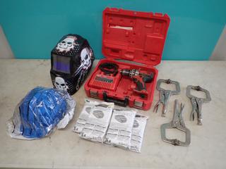 Milwaukee 2601-20 1/3in 18V Drill c/w Charger, Lincoln Electric Auto-Darkening Welding Helmet, (3) C-Clamps Pliers And (5) 3M 6003 Vapor Cartridges **LOCATED IN EDMONTON** 