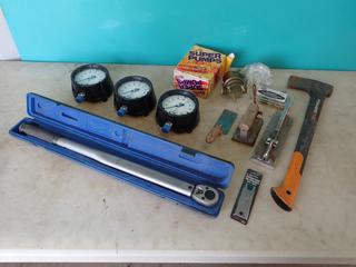 Qty Of (3) USG Pressure Gauges, Carter Super Pump,  Westward Torque Wrench, Air Shift Transmission Kit Fittings, Fiskars X15 Axe And Assorted Supplies **LOCATED IN EDMONTON**