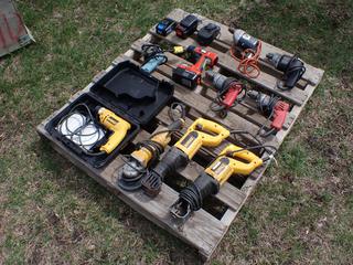 (2) Dewalt Reciprocating Saws, (2) Milwaukee Drills, (2) Black & Decker Drills, Black & Decker 18V Drill w/ Battery And Charger And Angle Grinder *Note: Working Condition Unknown* **LOCATED IN EDMONTON**