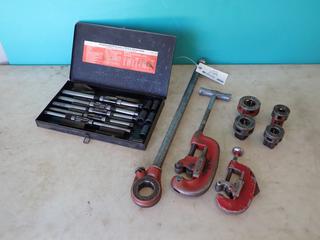 Ridgid 1/8in - 2in And 3/8in - 2 1/8in Cutters c/w Pipe Threader Ratchet w/ Handle, Dies And Qty Of Pilot Reamers **LOCATED @ EDMONTON YARD**