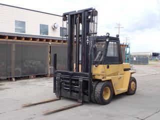 Caterpillar V150 Rough Terrain Forklift c/w Perkins Diesel Engine, 2-Stage Mast, Side Shift, Day Cab, Heater, 2-Spd, Hydraulic Fork Spread, 5ft Forks, 13,700lb Cap @ 170in Max Fork Height And 8.25-15NHS Tires. Showing 20,445hrs. SN 8EF00183 **LOCATED @ Dave's Diesel Repair In Acheson, AB**