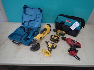Dewalt DC411 18V 4 1/2in Angle Grinder, Dewalt DC825 18V 1/4in Impact Driver, Makita 120V 3/8in Drill And Skil 120V 1/2in Drill  **LOCATED @ EDMONTON YARD**