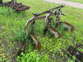 Two-Bottom 3pt Hitch Moldboard Plow C/w (3) Moldboards, (3) Coulter Blades, Adjustable Furrow Wheel, Adjustable Cross Shaft, Manual Width Adjustment, S/N Unknown. *Note: Buyer Responsible For Removal* **LOCATED NEAR COLD LAKE, AB FOR MORE INFO CONTACT KIRK @780-826-8558**