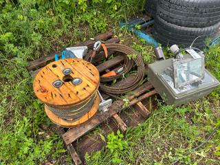 Spool Of Wire Rope, Rigging Equipment, Lighting and Hardware *Note: Buyer Responsible For Removal* **LOCATED NEAR COLD LAKE, AB FOR MORE INFO CONTACT KIRK @780-826-8558**