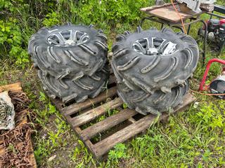 (4) High lifter Outlaw AT28x12.5-12 Tires and Rims C/w SS Alloy 4-Bolt Rims *Note: Buyer Responsible For Removal* **LOCATED NEAR COLD LAKE, AB FOR MORE INFO CONTACT KIRK @780-826-8558**