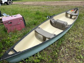 Pelican Ram-X 17ft Fiberglass Canoe C/w (3) Bench Seats, Center Storage Compartment, Bow And Stern Carry Handles *Note: Buyer Responsible For Removal* **LOCATED NEAR COLD LAKE, AB FOR MORE INFO CONTACT KIRK @780-826-8558**