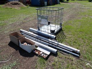 Qty Of 2in PVC, 3in Steel And 4in Sewer Pipe c/w Threaded Rod, Furnace Pipe, O-Rings, Ground Heater, Mastercraft C-Clamp, Copper Clips, Gas Connection Accessory, Tee, 4ft X 39in X 45in Tote And Assorted Supplies **LOCATED @ EDMONTON YARD**