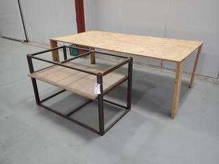 8ft X 4ft Homemade Wooden Table c/w 52in X 27in X 31in Steel Frame w/ Bottom Shelf