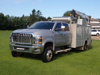 2022 International CV515SFA 4X4 Mechanic's Truck c/w IH 350 6.6L V8 Diesel. A/T, 19,500lb GVWR, Backup Camera, Ventures Service Body, Miller Bobcat 200 Air Pak 120/240V Air Compressor/Generator/Battery Charger/Welder, Showing 272hrs, Leads, Ground Cable, Stinger, Grinding Disc, Connectors, Air Tank, Hose, Reel, Cobra 6800 Maxilift 3-Stage Crane, Storage Compartments, Toolboxes, (2) Outriggers And 245/70R19.5 Tires. Showing 6432hrs, 74,377kms. VIN 1HTKTSWK9NH039234 **Located @ Edmonton Yard**