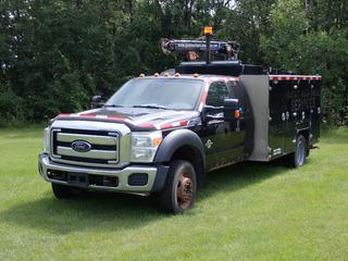 2015 Ford F-550 XLT Super Duty 4X4 Extended Cab Mechanic's Truck c/w 6.7L Power Stroke Turbo Diesel, A/T, 19,500lb GVWR, Brutus Service Body, Maxilift 5500L KPE 3-Stage Picker w/ Remote, Ingersoll Rand Air Compressor, Storage Compartments, Toolbox, Reel, Hose, (2) Outriggers And 225/70R19.5 Tires. Showing 349,625kms. VIN 1FD0X5HT6FEB16530 *Note: Rust, Running Condition Unknown* **Located @ Edmonton Yard**