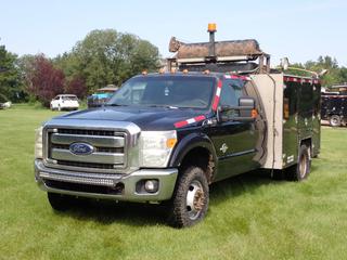 2015 Ford F-350 Super Duty XLT 4X4 Extended Cab Mechanic's Truck c/w 6.7L Power Stroke Turbo Diesel, A/T, Service Body, Cobra Max 3-Stage Crane w/ Remote, Air Tank, Storage Compartments, Toolbox, Reel, Hose, (2) Outriggers, Spare Tire And LT245/75R17 Tires. Showing 287,157kms. VIN 1FT8X3DTXFED22533 *Note: Engine Light On, Windshield Cracked, Rust Spots*  **Located @ Edmonton Yard**