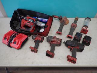 Milwaukee 2646-20 18V Grease Gun c/w Milwaukee 2939-20 18V 2in Die Grinder, Milwaukee 2883-20 Grinder, Milwaukee 3/4in, 1/2in And 3/8in Impact Wrenches, Trouble Light, (2) Batteries, Charger And Bag  **Located @ Edmonton Yard**