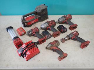 Milwaukee 18V Transfer Pump, Trouble Light, Milwaukee 18V 1/2in Drill, Milwaukee 18V 1/2in Impact, Milwaukee 18V 3/4in Impact, Milwaukee 18V 1/4in Impact, Charger And (2) Batteries **Located @ Edmonton Yard**