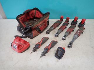 Qty Of (4) Milwaukee 12V 3/8in Ratchets c/w (2) Milwaukee Soldering Irons, Charger, Batteries And Tool Bag **Located @ Edmonton Yard**