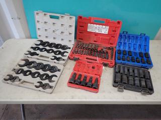 Titan Crow Foot Metric And Standard Wrench Set c/w 3/4in Dr Impact Hex Driver Set, 1/2in Wobble Sockets, 1/2in Dr Deep Sockets And 3/8in Milwaukee Impact Sockets *Note: 22mm Socket Missing* **Located @ Edmonton Yard**