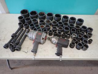 Ingersoll Rand 1in Pneumatic Impact c/w Nitro Cat 1750K 3/4in Pneumatic Impact, Qty Of 3/4in And 1in Dr Sockets, Adapters, Extensions, And 1in Dr Breaker Bar **Located @ Edmonton Yard**