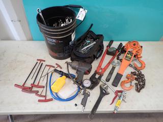 JET 1 1/2-Ton Come Along, Ingersoll Rand 3/4in Pneumatic Impact, Assorted Wrenches, Heavy Duty Universal Cylinder Line Puller And Misc Supplies  **Located @ Edmonton Yard**