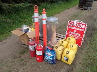 Qty Of (5) Diesel Jerry Cans, (2) Fire Extinguishers, Caution Sign, (2) Garbage Cans, Delineators, Ice Melt And Assorted Supplies  **Located @ Edmonton Yard**