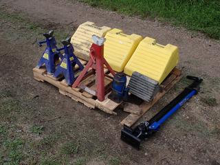 Qty Of (3) Checkers Wheel Chocks, (2) 6-Ton Jack Stands, 12-Ton Jack Stand, Powerfist 48in Farm Jack And Hydraulic Bottle Jack **Located @ Edmonton Yard**
