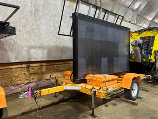2012 Solar Technology Inc. MB-24-315 S/A Portable Dynamic Message Display Board c/w LED Message Board, Solar Panels, Battery Bank, Electronic Controller, Adjustable Sign Frame, 2 IN Ball Hitch, Safety Chains & ST205/75R15 Tires. VIN 4GM2M151201411199 **Located @ Fort McMurray Airport**