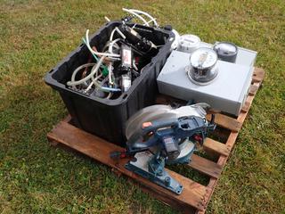 Qty Of Meter Bases, Bosch 10in Cordless Compound Miter Saw, Flo-Jet Pumps, Hoses, Tank And Electric Motor **Located @ Edmonton Yard**