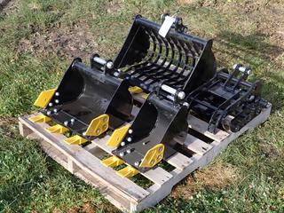 (1) Unused 8in, (1) 16in, (1) 15in Grapple And (1) 24in Skelton Bucket To Fit Mini Excavator **Located @ Edmonton Yard**