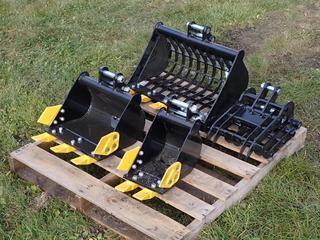 (1) Unused 8in, (1) 16in, (1) 15in Grapple And (1) 24in Skelton Bucket To Fit Mini Excavator **Located @ Edmonton Yard**