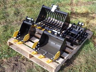 (1) Unused 8in, (1) 16in, (1) 15in Grapple And (1) 24in Skelton Bucket To Fit Mini Excavator **Located @ Edmonton Yard**
