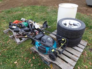Qty Of Grass Trimmers, Lawn Mower, (2) P255/50R16 Tires w/ Rims, 45-Gal Plastic Barrell And Assorted Supplies *Note: Working Condition Unknown* **Located @ Edmonton Yard**