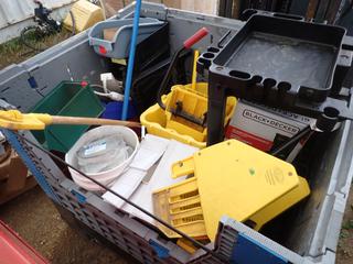 Rubbermaid Mop Bucket, Rubbermaid Cart, Garbage Bags, Cups, Band-It Stainless Steel Clamps And Assorted Supplies *Note: Crate Not Included* **Located @ Edmonton Yard**
