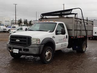 2005 Ford F450 XL Super Duty Reg. Cab 4X4 Dually Dump Truck c/w 6.0L Power Stroke V8 Turbo Diesel, A/T, Reading 12 FT Steel Dump Body, Fold-Down Sides, Rear Barn Doors, Cab Protector and Tarp System, 7,257 KG GVWR and 225/70R19.5 Tires. Showing 250,336kms. VIN 1FDXF47P45EA15873  *Note: Runs Rough, Smoke from Exhaust*