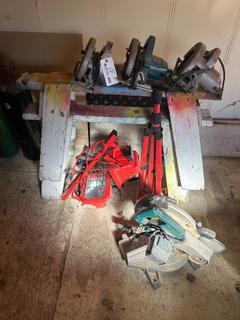 Qty of Assorted Corded Circular Saws c/w Makita, Skilsaw & Black & Decker 7-1/4 IN Circular Saws, Plus Assorted Red Work/Tripod Lights & Saw Horses