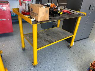 Mobile Steel Work Table/Utility Cart Approx 48in Wide x 27in Deep c/w Diamond Plate Work Surface, Lower Storage Shelf, (4) Swivel Casters & Qty of Assorted Shop Equipment Including Levels, Booster Cables, Lifting/Rigging Hardware, Automotive Electrical Components, Measuring Tools & Assorted Hand Tools.