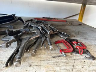 Qty Of Vise Grip Locking Pliers, C-Clamps, Pry Bars, Hammer And Grease Gun