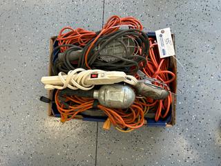 Qty of Assorted Heavy-Duty Extension Cords & Electrical Power Cables c/w Multi-Outlet Power Bars, Trouble/Work Light