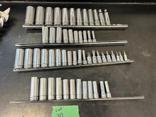 Qty of Assorted Snap-on Chrome Sockets c/w SAE & Metric Deep and Shallow Sockets, 1/4 IN, 3/8 IN & 1/2 IN Drive, Torx/Hex Bit Sockets & Assorted Sizes, c/w Socket Rails