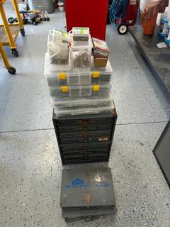 Large Qty of Assorted Shop Fasteners & Hardware c/w Machine Screws, Bolts, Nuts, Cotter Pins, Roll/Spring Pins, E-Clips, C-Clips, Retaining Rings, Grease Fittings & Assorted Specialty Hardware, Contained in Multi-Drawer Steel Parts Cabinet & Plastic Organizer Cases.