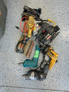 Qty of Assorted Corded Power Tools c/w Makita Drill, DeWalt Reciprocating Saw, Craftsman Circular Saw, Belt/Orbital Sanders, Angle Grinder, Drill/Driver & Assorted Power Tool Accessories