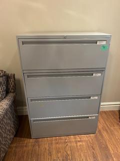 4-Drawer Vertical Steel Lateral Filing Cabinet, Grey Finish, c/w Full-Width Locking File Drawers & Adjustable Hanging File Rails.