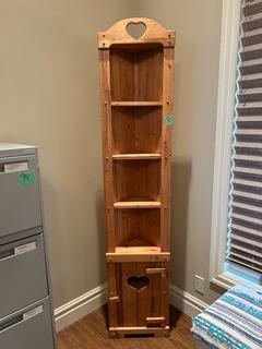Tall Narrow Solid Pine Corner Display Shelf/Étagère, Approx. 6 FT 4 IN H x 16 IN W, c/w (4) Open Display Shelves, Lower Storage Compartment